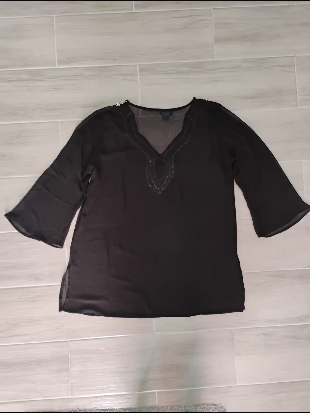Aqua Blue Embroidered Embellished Black V-Neck Kaftan Swim Cover-Up Sz XL